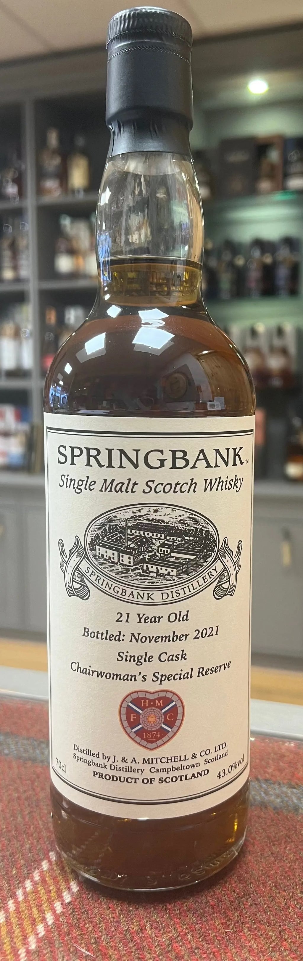Springbank 21 Year Old Single Cask, Chairwoman's Special Reserve Heart of Midlothian Football Club  (70cl, 43.0%) Springbank