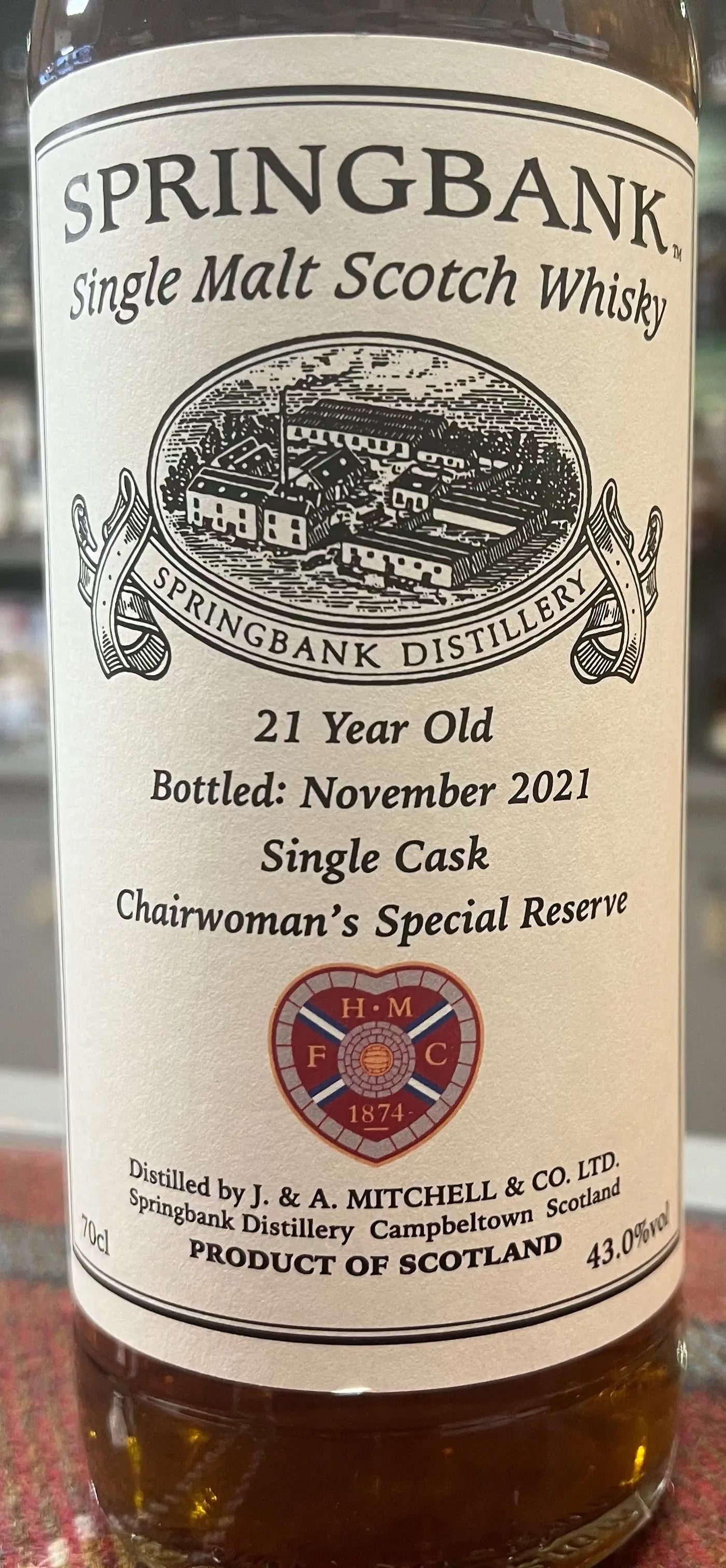 Springbank 21 Year Old Single Cask, Chairwoman's Special Reserve Heart of Midlothian Football Club  (70cl, 43.0%) Springbank