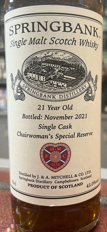 Springbank 21 Year Old Single Cask, Chairwoman's Special Reserve Heart of Midlothian Football Club  (70cl, 43.0%) Springbank